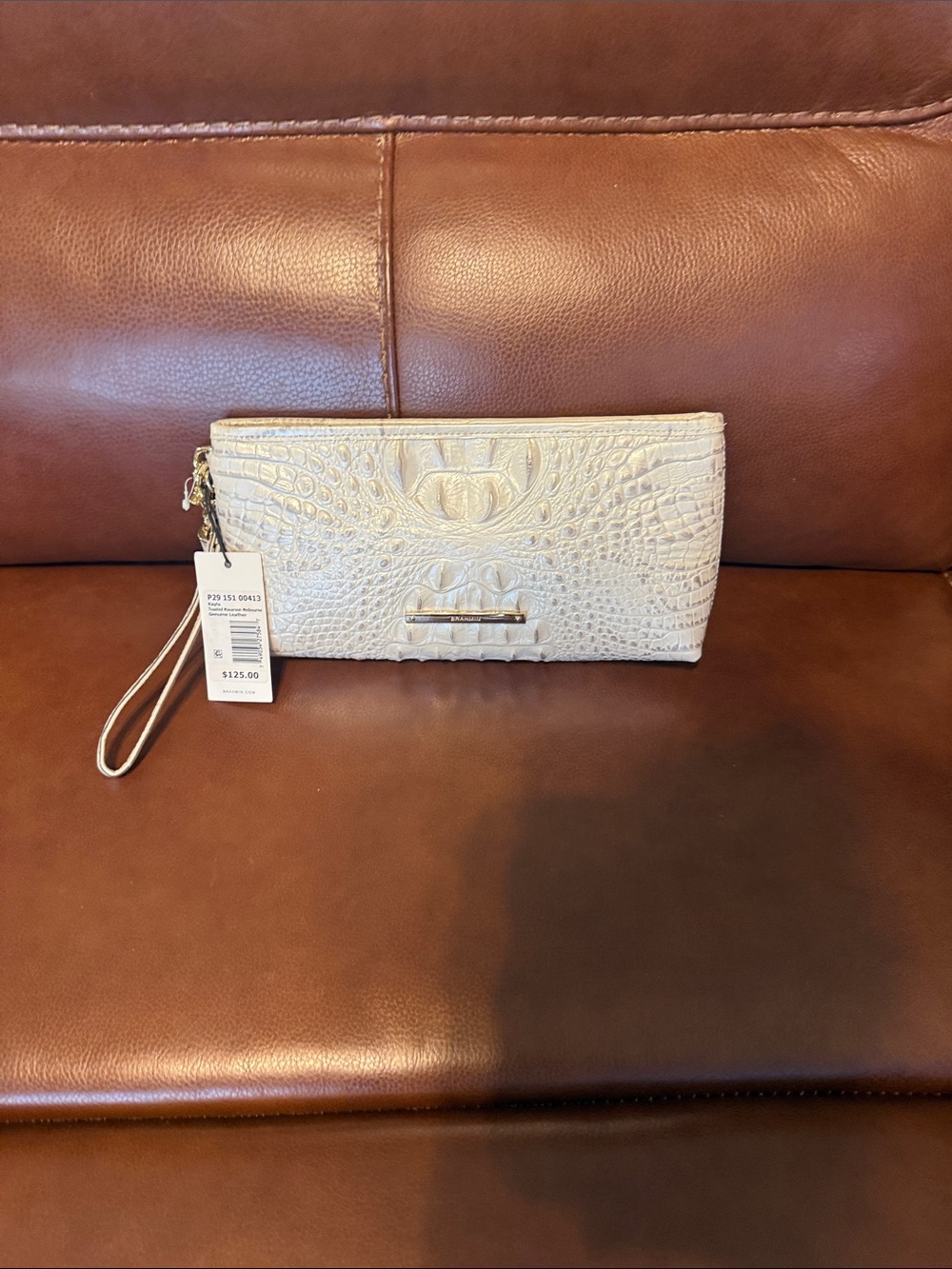 Brahmin Cream Croc-Embossed Wristlet Clutch